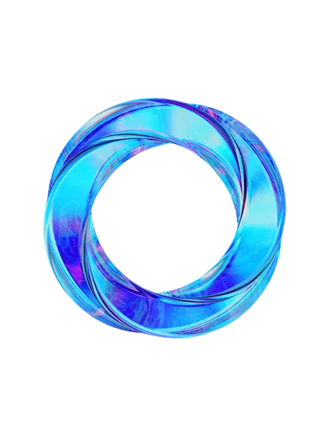 Glossy blue-purple torus logo with iridescent swirls, symbolizing connectivity, tech, and innovation.